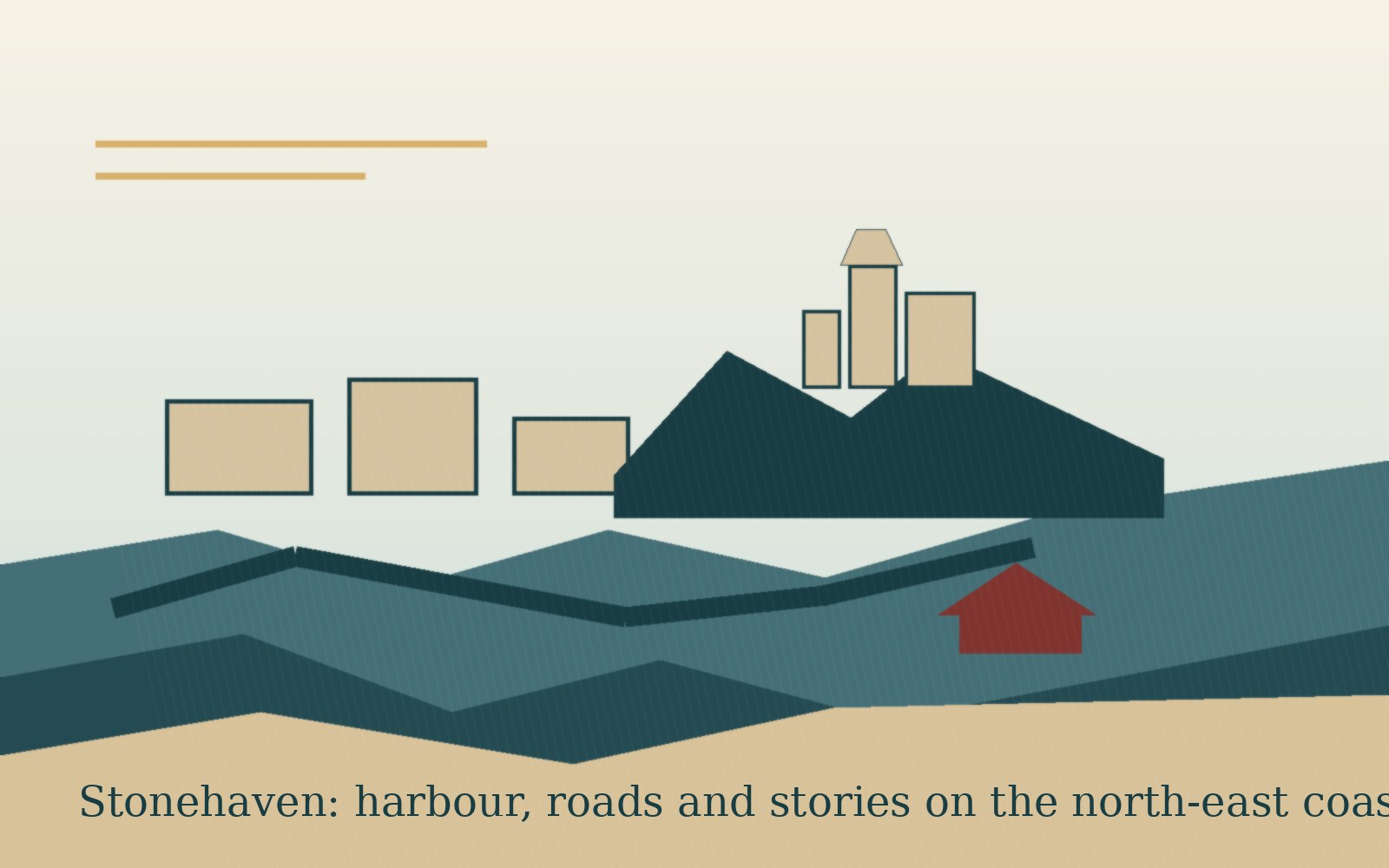 Illustrated Stonehaven coastline with harbour and Dunnottar-style cliffs